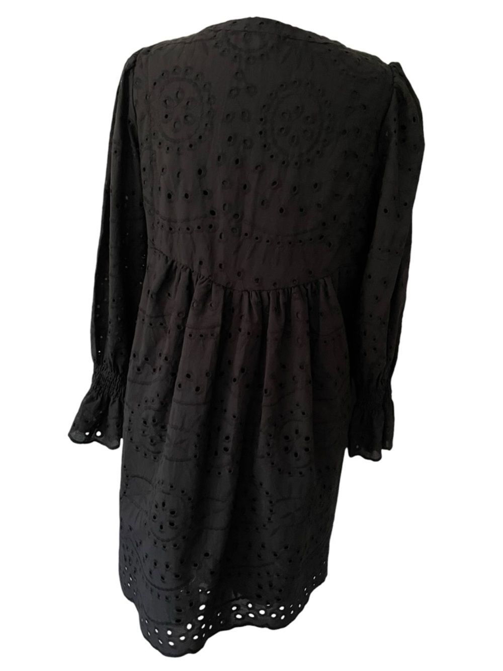 DOKOTOO Woman’s Black Eyelet Tassel Tie Babydoll Dress puff long sleeved lined L - Picture 4 of 13